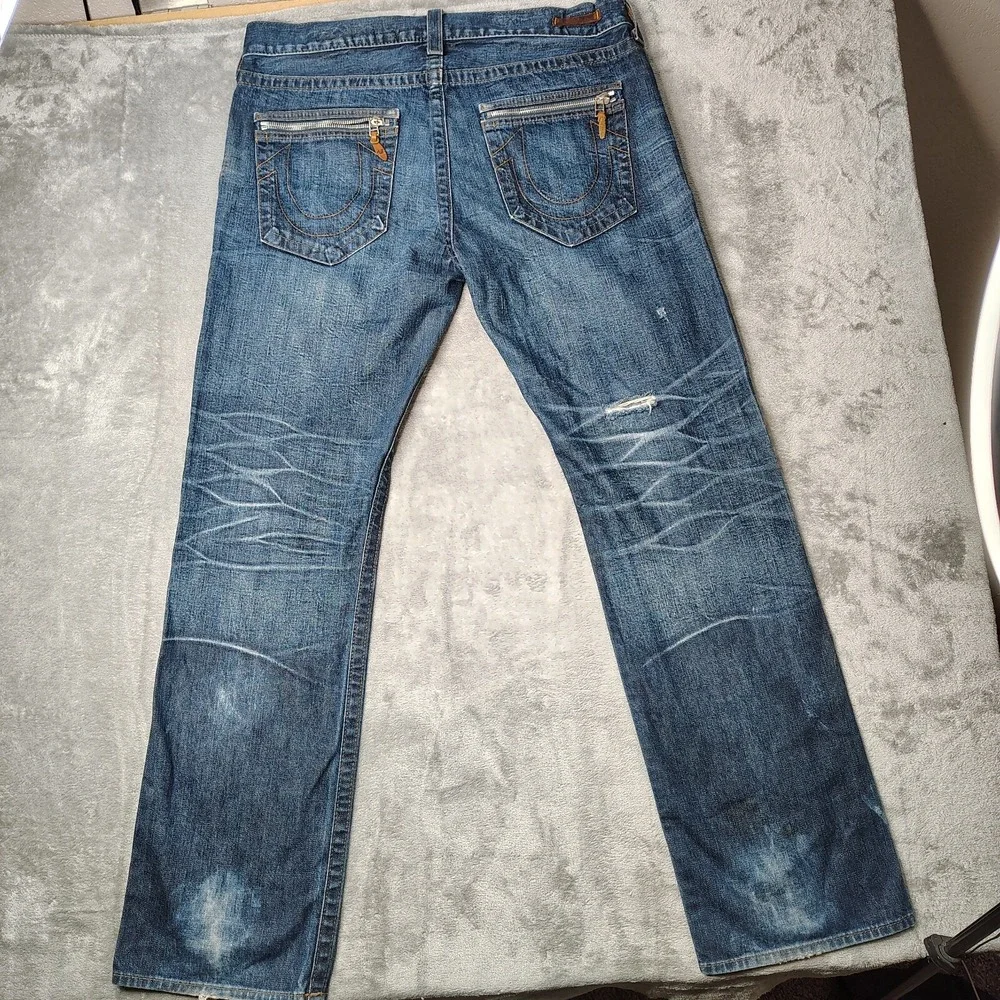 True Religion Bobby Jeans Mens 36x35 Blue Straight Leg Faded Distressed USA Made